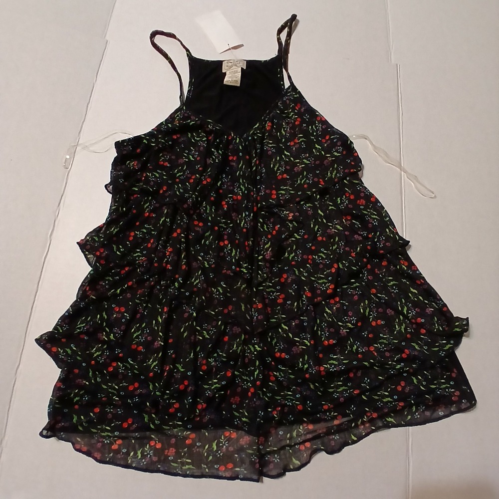 Eyelash Couture Women XL Black Red Floral Cherry Sheer Ruffle Spaghetti Cami Top